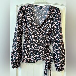 Floral Wrap Blouse in Black with Pink Print